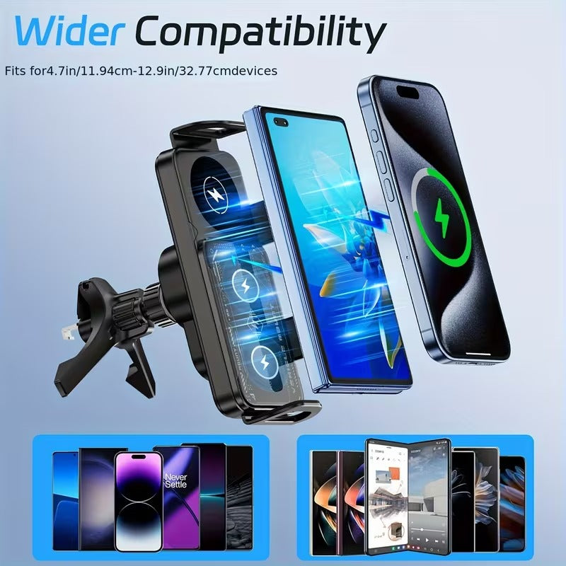 📱This car phone mount with wireless fast charging is compatible with folding screen phones and various other phone models.