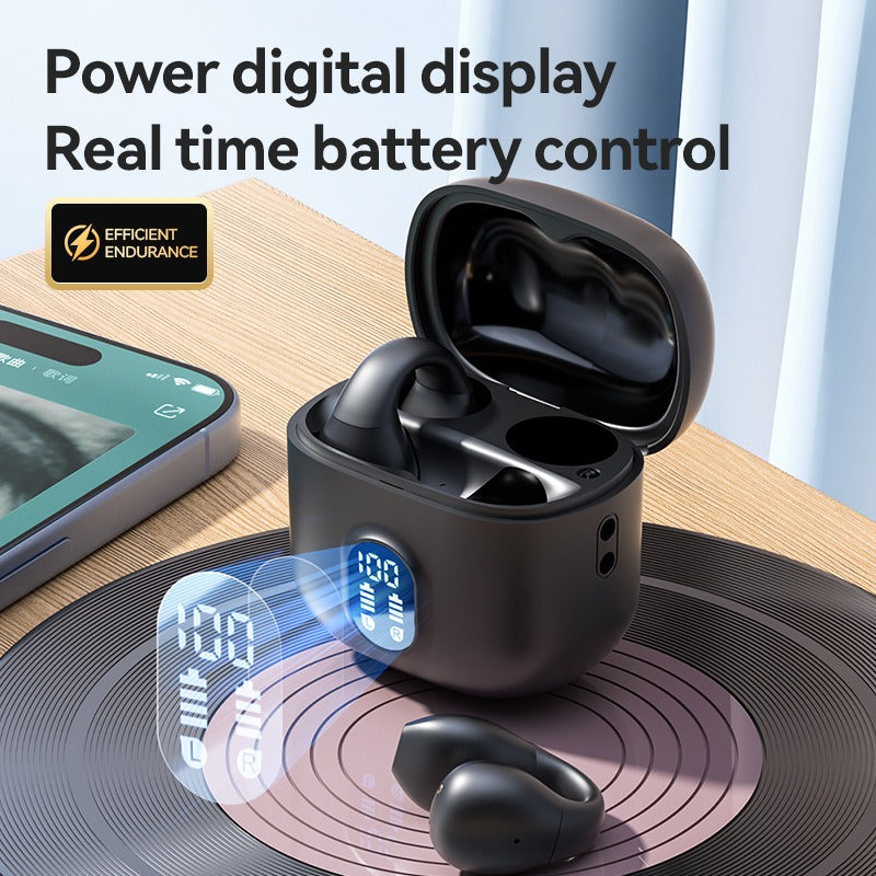 Wireless open-ear Bluetooth sports earbuds featuring ultra-long battery life and a mini clip-on design.