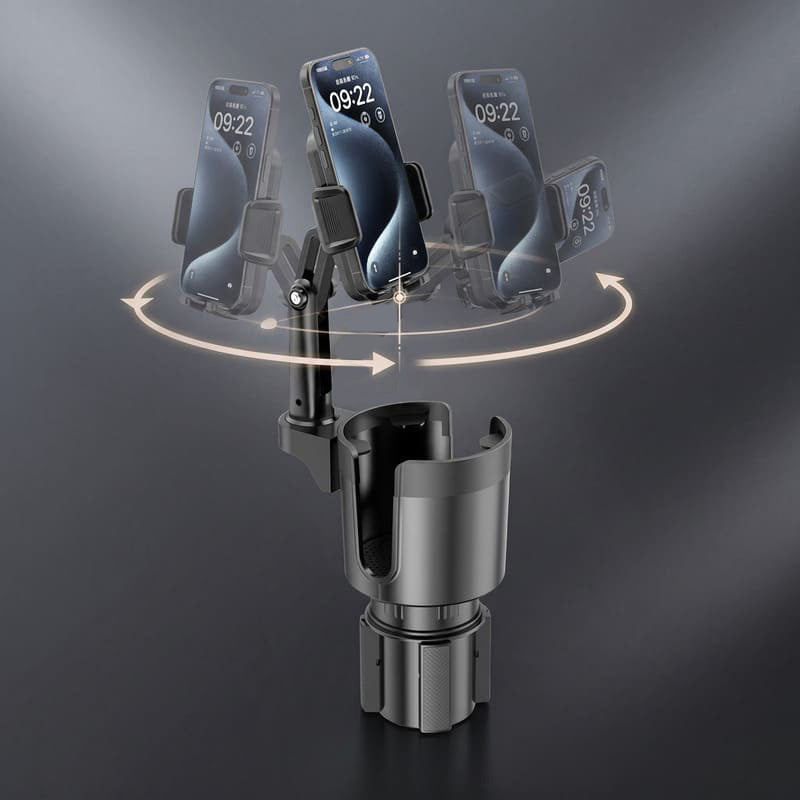Adjustable car cup holder phone mount showing 360-degree rotation
