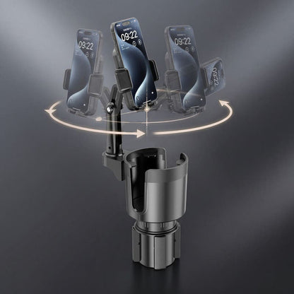 Adjustable car cup holder phone mount showing 360-degree rotation