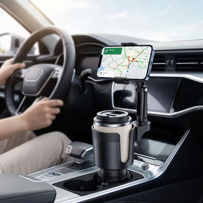 Car cup holder phone mount displaying GPS navigation