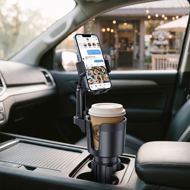 Car cup holder phone mount with smartphone and coffee cup