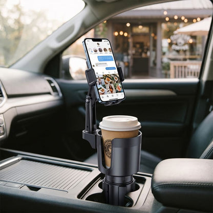 Car cup holder phone mount with smartphone and coffee cup