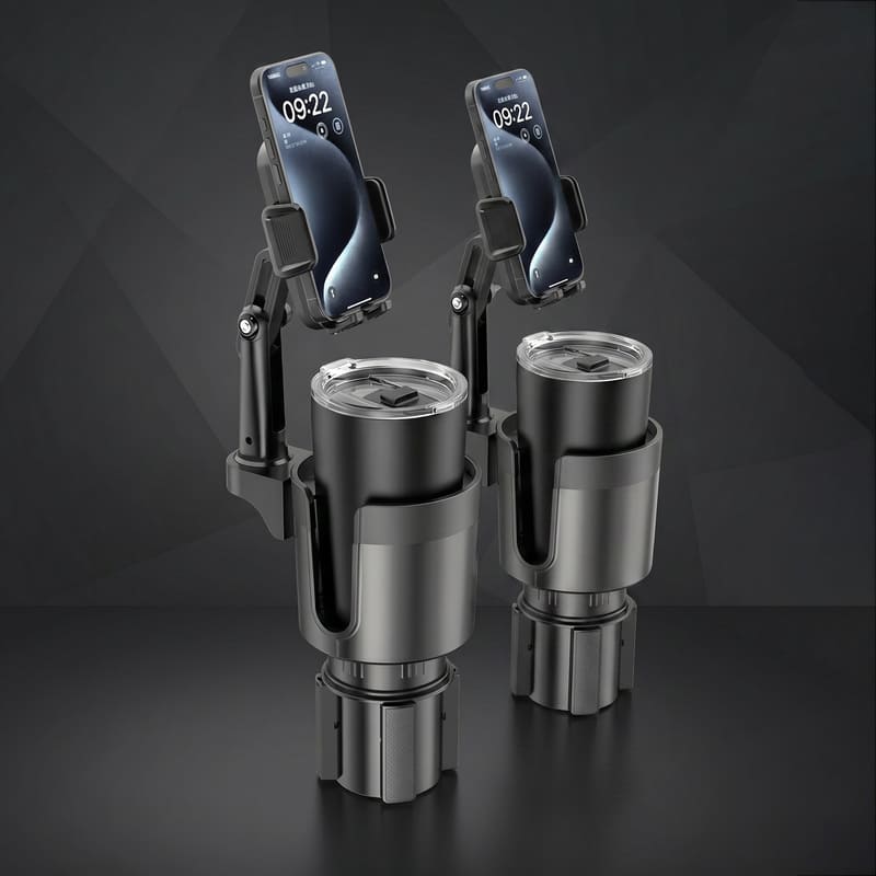Two adjustable car cup holder phone mounts side by side