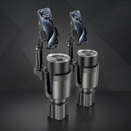 Two adjustable car cup holder phone mounts side by side