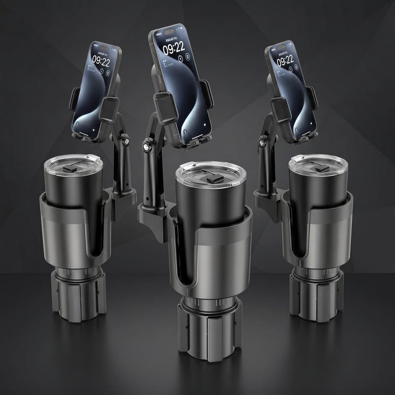 Three car cup holder phone mounts displaying flexible positioning