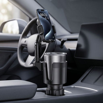 Car interior showing cup holder phone mount with smartphone