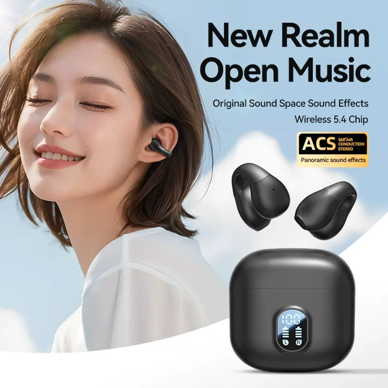 Wireless open-ear Bluetooth sports earbuds featuring ultra-long battery life and a mini clip-on design.