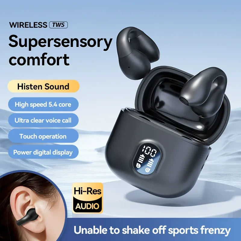 Wireless open-ear Bluetooth sports earbuds featuring ultra-long battery life and a mini clip-on design.